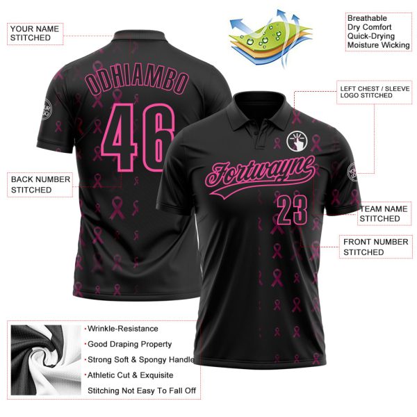 Custom Black Pink 3D Pink Ribbon Breast Cancer Awareness Month Women Health Care Support Performance Polo Shirt - Image 3