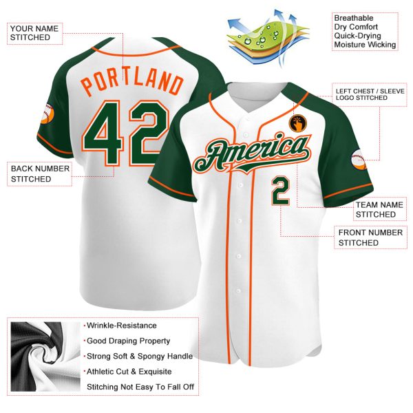 Custom White Green-Orange Authentic Raglan Sleeves Baseball Jersey - Image 3