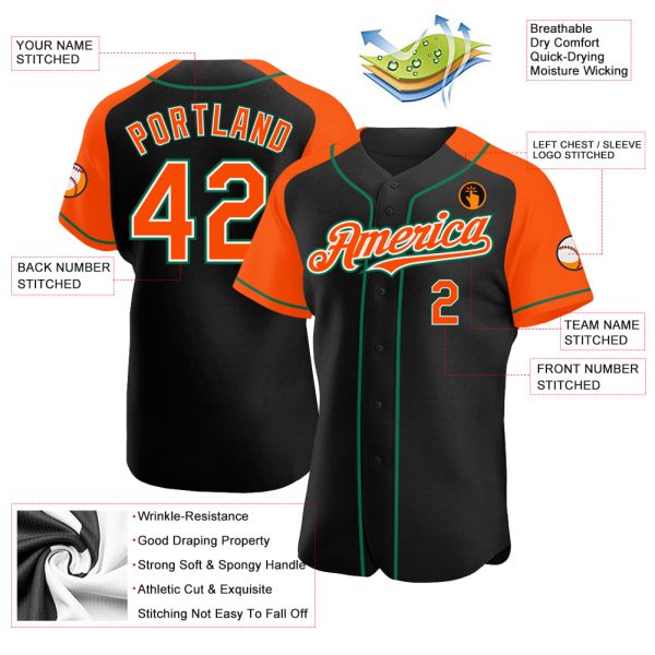 Custom Black Orange-Kelly Green Authentic Raglan Sleeves Baseball Jersey - Image 3