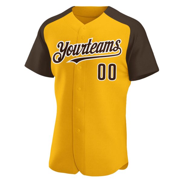 Custom Gold Brown-White Authentic Raglan Sleeves Baseball Jersey - Image 2