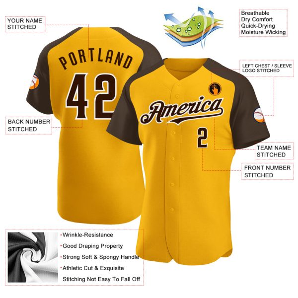 Custom Gold Brown-White Authentic Raglan Sleeves Baseball Jersey - Image 3