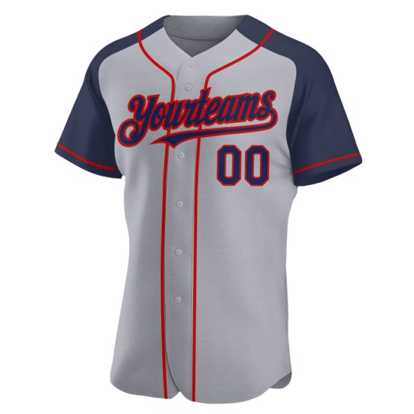 Custom Gray Navy-Red Authentic Raglan Sleeves Baseball Jersey - Image 2