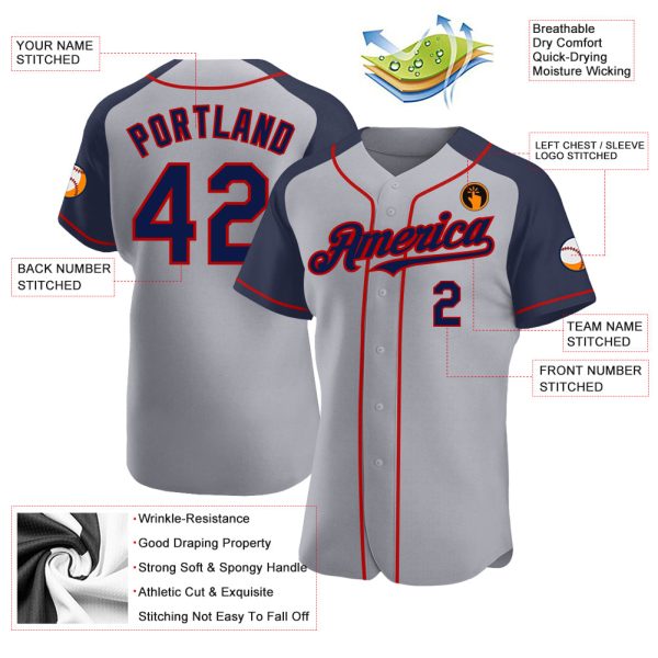 Custom Gray Navy-Red Authentic Raglan Sleeves Baseball Jersey - Image 3