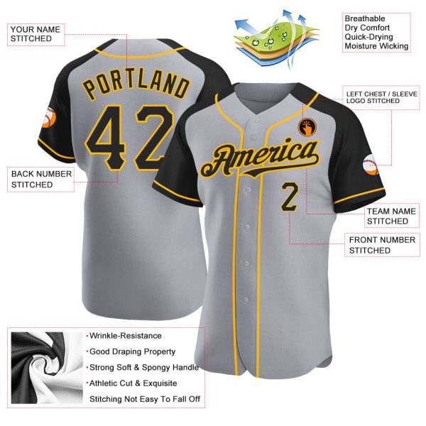 Custom Gray Black-Gold Authentic Raglan Sleeves Baseball Jersey - Image 3
