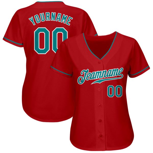 Custom Red Teal-White Authentic Baseball Jersey - Image 2