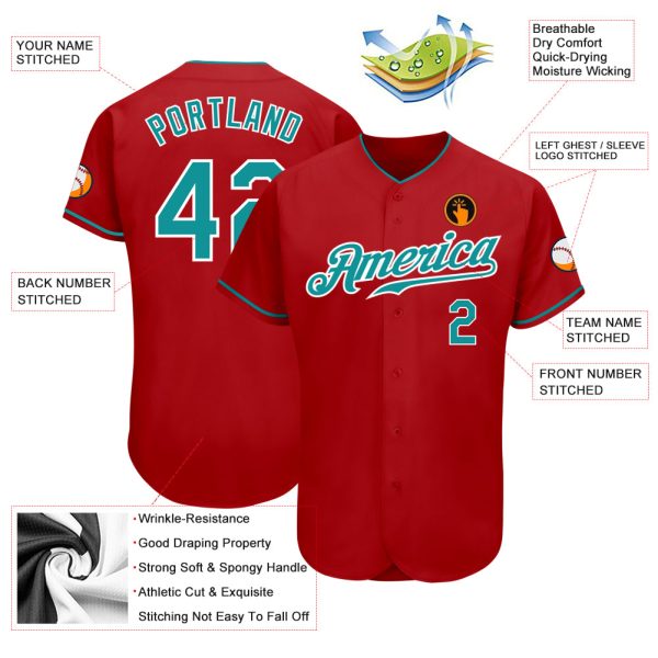 Custom Red Teal-White Authentic Baseball Jersey - Image 3