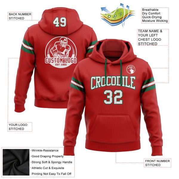 Custom Stitched Red White-Kelly Green Football Pullover Sweatshirt Hoodie - Image 2