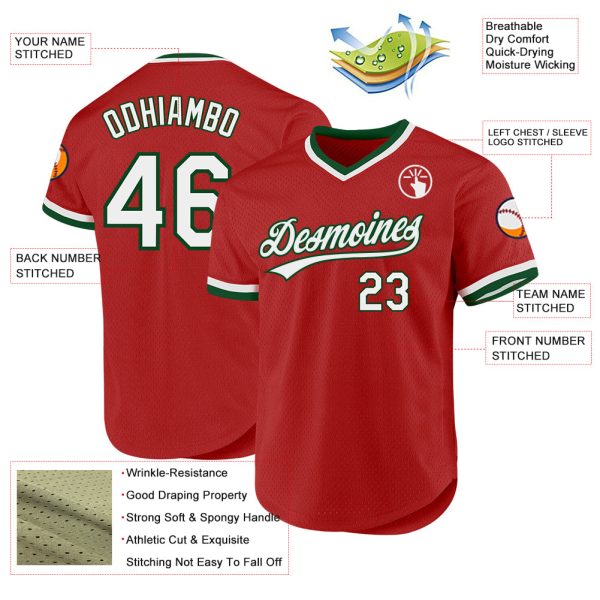 Custom Red White-Green Authentic Throwback Baseball Jersey - Image 3