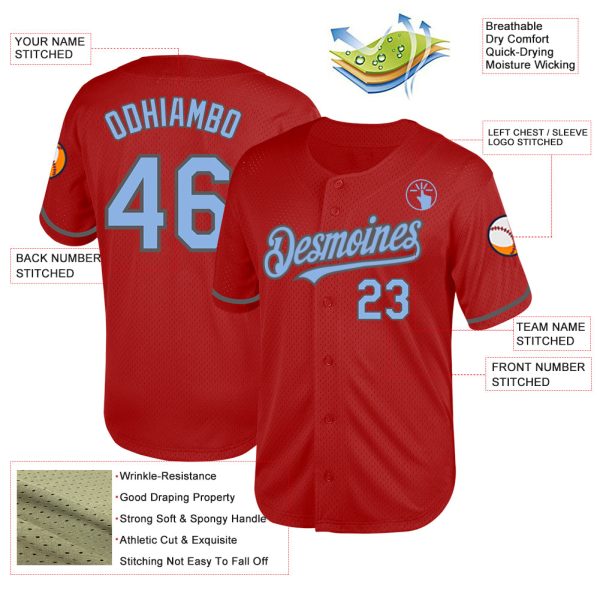 Custom Red Light Blue-Steel Gray Mesh Authentic Throwback Baseball Jersey - Image 3