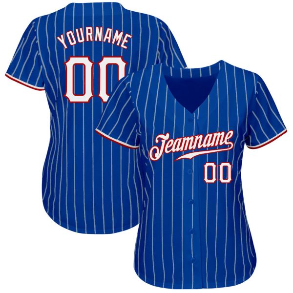 Custom Royal White Pinstripe White-Red Authentic Baseball Jersey - Image 2