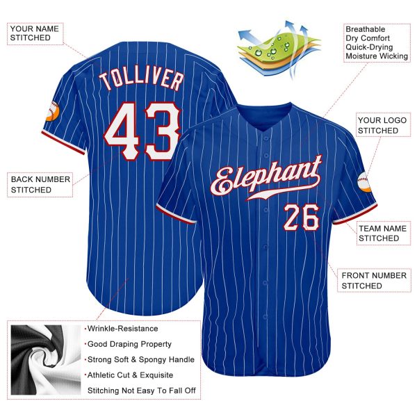 Custom Royal White Pinstripe White-Red Authentic Baseball Jersey - Image 3