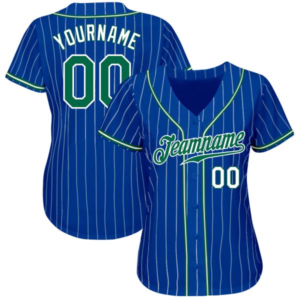 Custom Royal White Pinstripe Kelly Green-White Authentic Baseball Jersey - Image 2