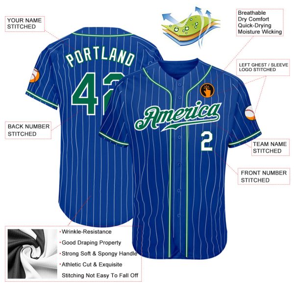 Custom Royal White Pinstripe Kelly Green-White Authentic Baseball Jersey - Image 3