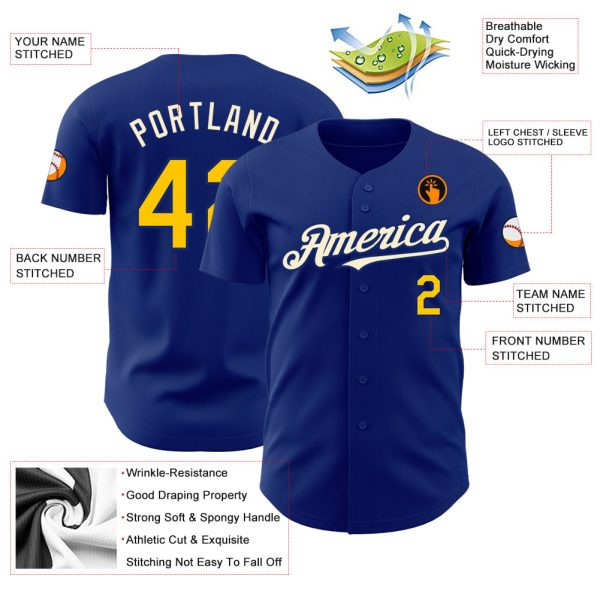 Custom Royal Yellow-Cream Authentic Baseball Jersey - Image 3