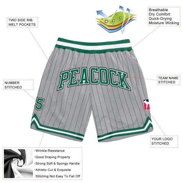 Custom Gray Black Pinstripe Kelly Green-White Authentic Basketball Shorts - Image 2