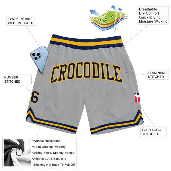 Custom Gray Navy-Gold Authentic Throwback Basketball Shorts - Image 2