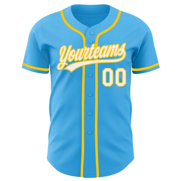 Custom Sky Blue White-Yellow Authentic Baseball Jersey - Image 2