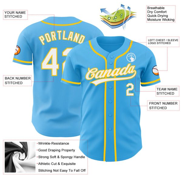 Custom Sky Blue White-Yellow Authentic Baseball Jersey - Image 3