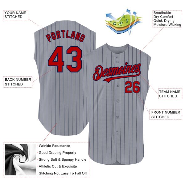 Custom Gray Navy Pinstripe Red Authentic Sleeveless Baseball Jersey - Image 2