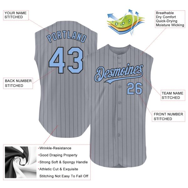 Custom Gray Black Pinstripe Light Blue Authentic Sleeveless Baseball Jersey - Image 2