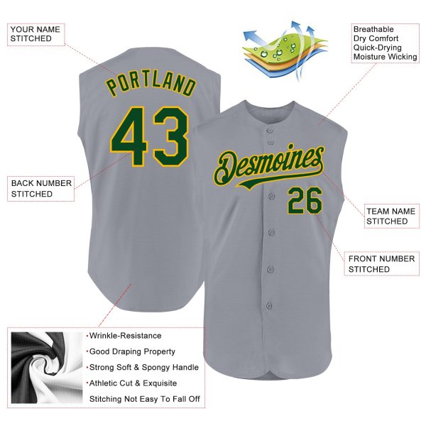 Custom Gray Green-Gold Authentic Sleeveless Baseball Jersey - Image 2