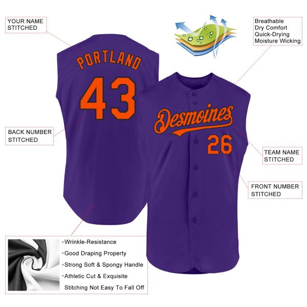 Custom Purple Orange-Black Authentic Sleeveless Baseball Jersey - Image 2