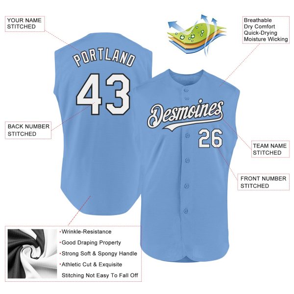 Custom Light Blue White-Black Authentic Sleeveless Baseball Jersey - Image 2