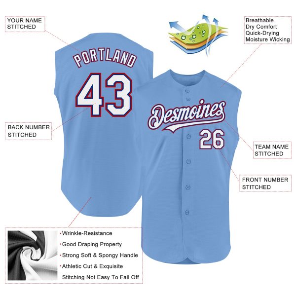 Custom Light Blue Royal-Red Authentic Sleeveless Baseball Jersey - Image 2