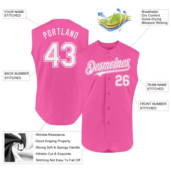 Custom Pink White Authentic Sleeveless Baseball Jersey - Image 2