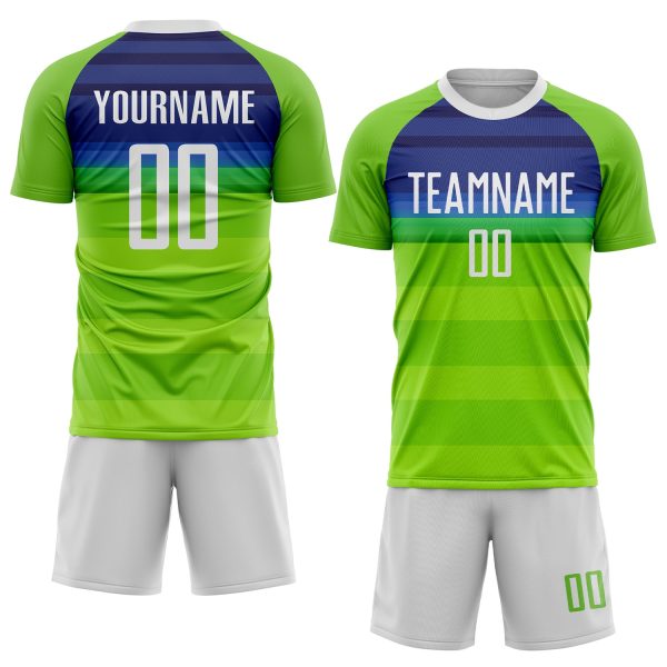 Custom Neon Green White-Royal Sublimation Soccer Uniform Jersey - Image 2