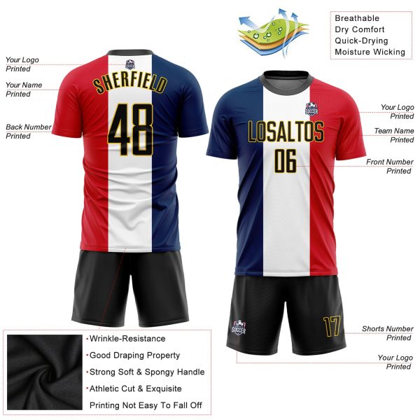 Custom Navy Black White Red-Gold Sublimation French Flag Soccer Uniform Jersey - Image 3