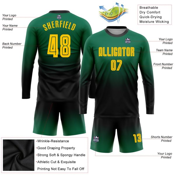 Custom Kelly Green Gold-Black Sublimation Long Sleeve Fade Fashion Soccer Uniform Jersey - Image 3