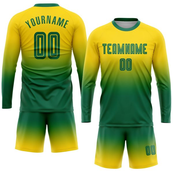 Custom Gold Kelly Green Sublimation Long Sleeve Fade Fashion Soccer Uniform Jersey - Image 2