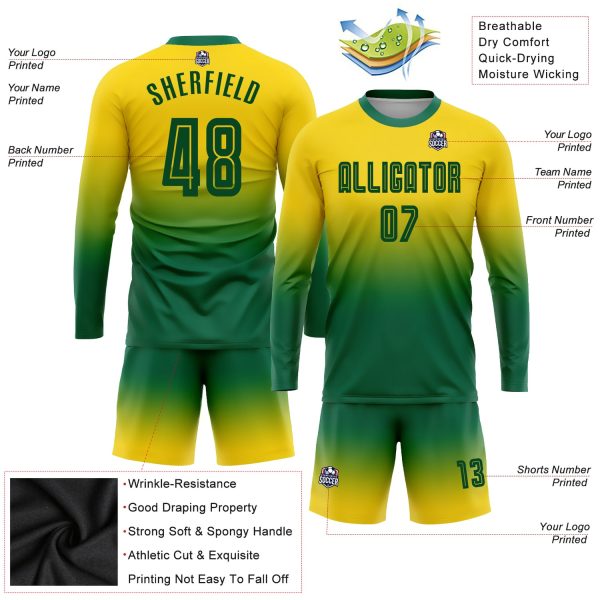 Custom Gold Kelly Green Sublimation Long Sleeve Fade Fashion Soccer Uniform Jersey - Image 3
