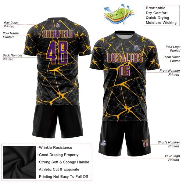 Custom Black Purple-Gold Sublimation Soccer Uniform Jersey - Image 5