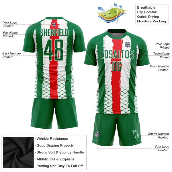Custom Kelly Green Red-White Sublimation Mexico Soccer Uniform Jersey - Image 3