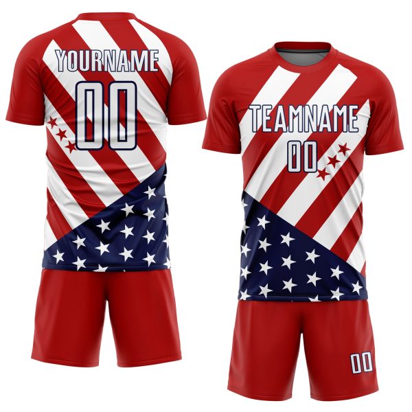 Custom Red White-Navy Vintage American Flag Sublimation Soccer Uniform Jersey - Image 2