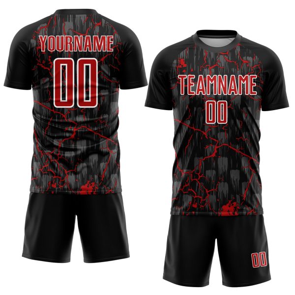 Custom Black Red-White Lightning Sublimation Soccer Uniform Jersey - Image 2