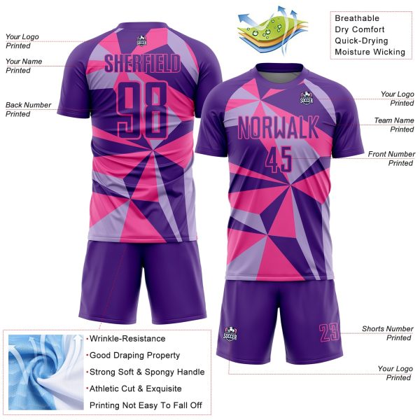 Custom Purple Pink Geometric Pattern Sublimation Soccer Uniform Jersey - Image 4
