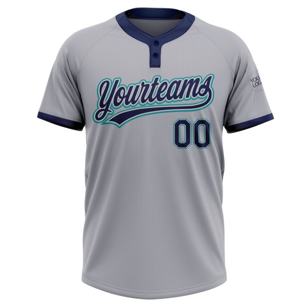 Custom Gray Navy-Teal Two-Button Unisex Softball Jersey - Image 2