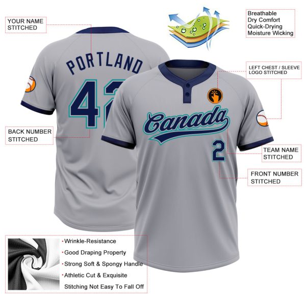 Custom Gray Navy-Teal Two-Button Unisex Softball Jersey - Image 3