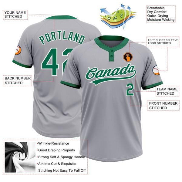 Custom Gray Kelly Green-White Two-Button Unisex Softball Jersey - Image 3