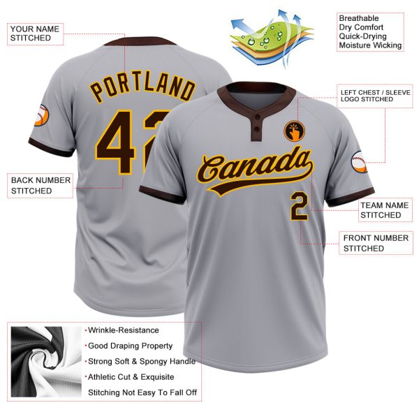 Custom Gray Brown-Gold Two-Button Unisex Softball Jersey - Image 3