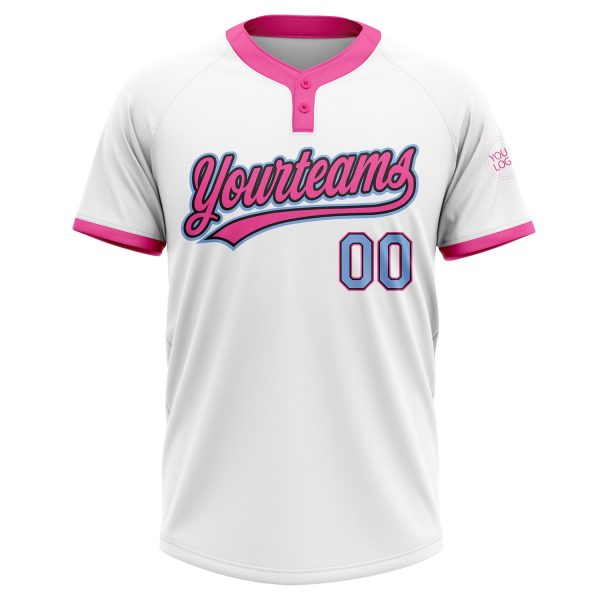 Custom White Light Blue Black-Pink Two-Button Unisex Softball Jersey - Image 2