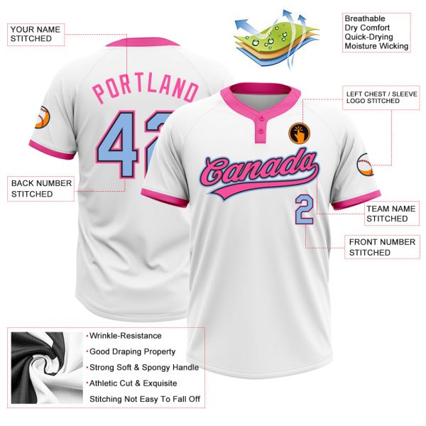 Custom White Light Blue Black-Pink Two-Button Unisex Softball Jersey - Image 3