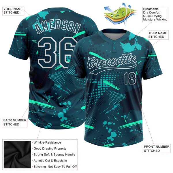 Custom Green Midnight Green-Teal 3D Pattern Two-Button Unisex Softball Jersey - Image 3