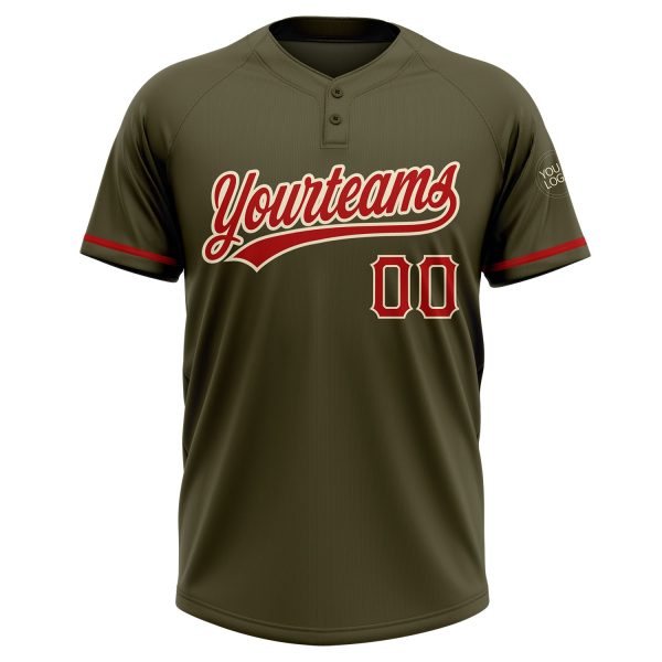 Custom Olive Red-Cream Salute To Service Two-Button Unisex Softball Jersey - Image 2