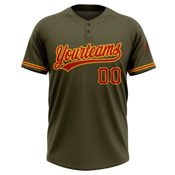 Custom Olive Red-Gold Salute To Service Two-Button Unisex Softball Jersey - Image 2