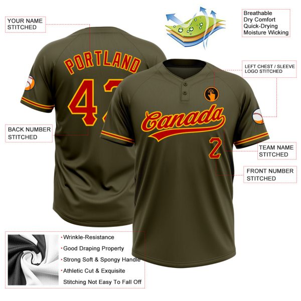 Custom Olive Red-Gold Salute To Service Two-Button Unisex Softball Jersey - Image 3