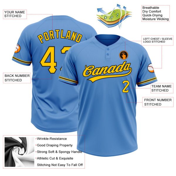 Custom Powder Blue Yellow-Black Two-Button Unisex Softball Jersey - Image 3